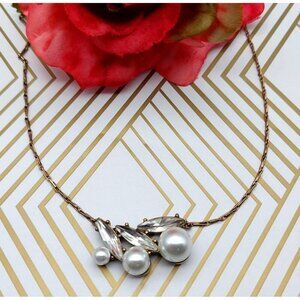 Gold Tone Barleycorn Chain Necklace Fixed Faux Pearl & Navette Chrystal Pendant